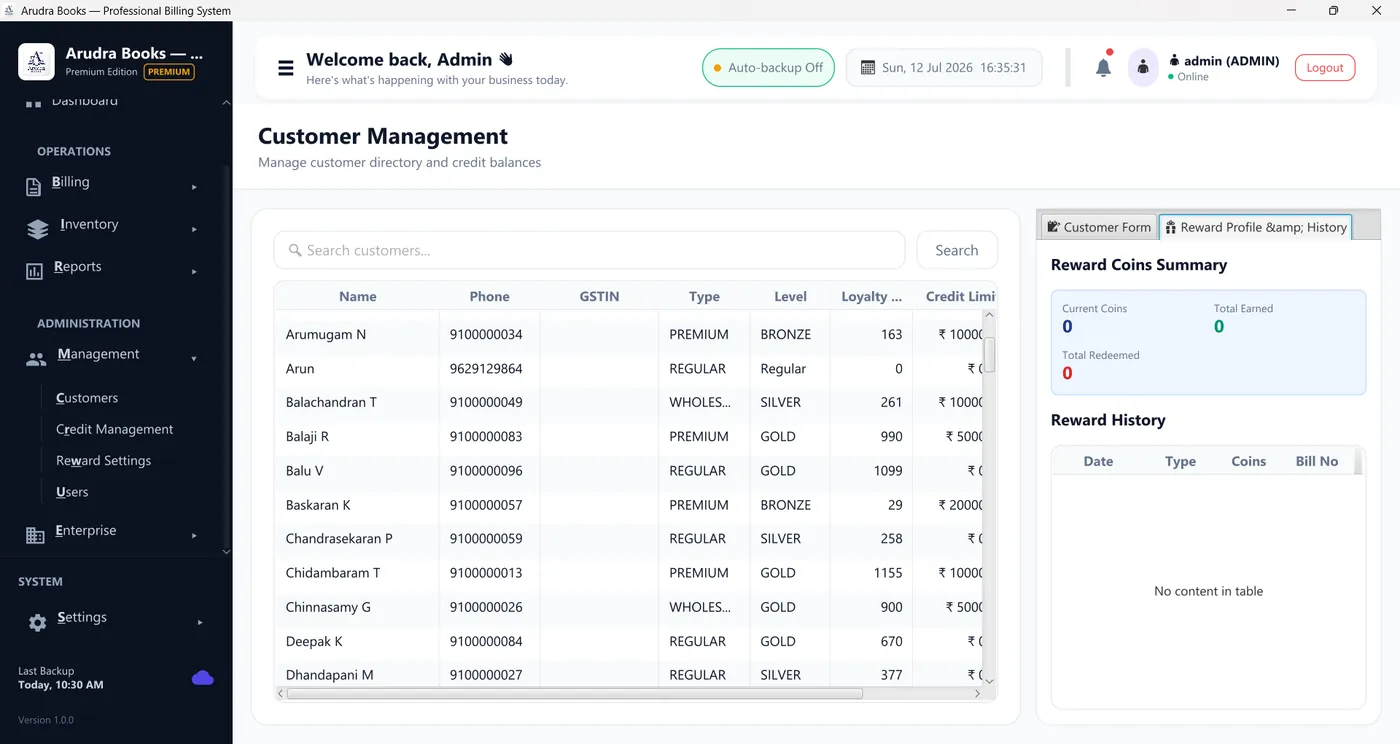 Arudra Books customer management screen with customer ledger and purchase history