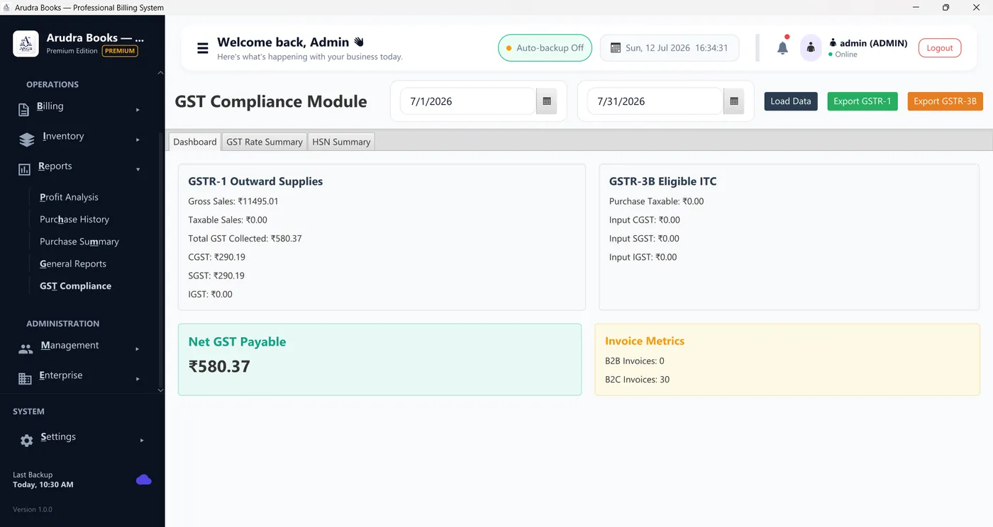 Arudra Books reports screen with sales and GST report options