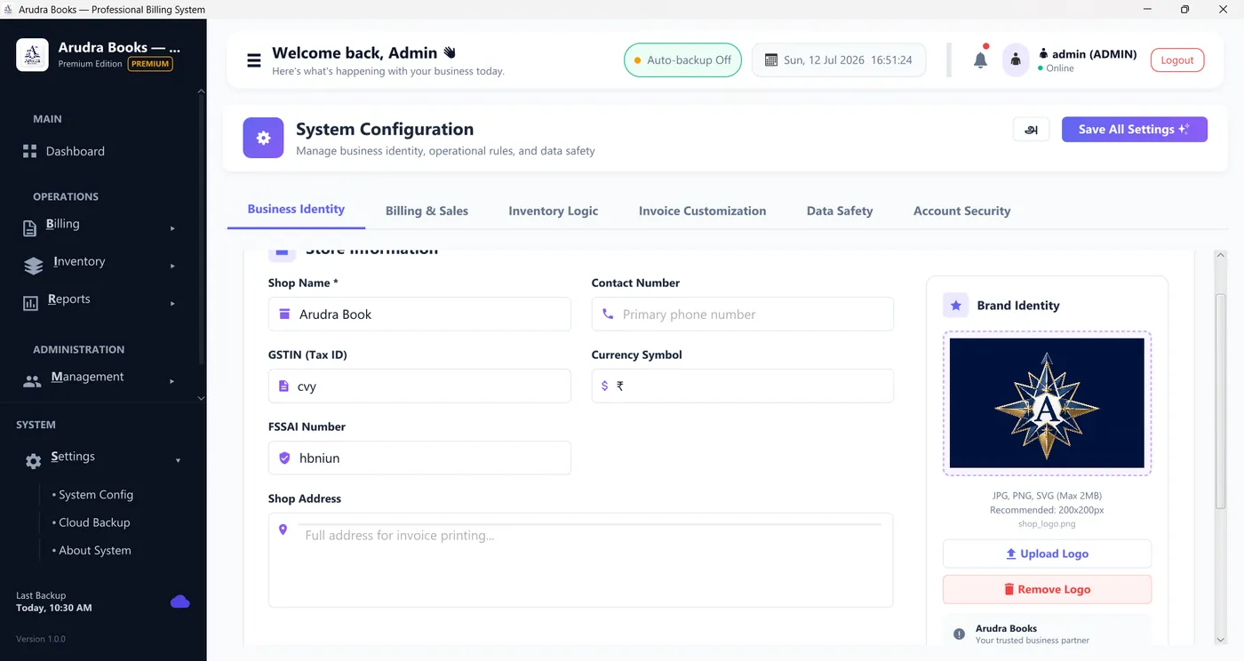 Arudra Books settings screen for invoice format, printer and user permissions